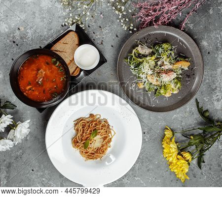Three-course Set Menu For A Nutritious Healthy Lunch In A Restaurant, Three Course Set On A Table In
