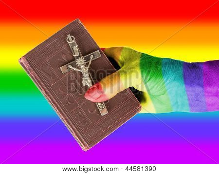 Old Hand (woman) Holding A Very Old Bible, Rainbow Flag