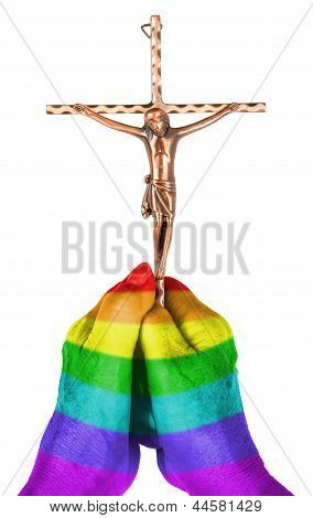 Old Woman With Catholic Crucifix, Isolated, Rainbow Flag Pattern