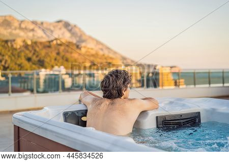 Portrait Of Young Carefree Happy Smiling Man Relaxing At Hot Tub During Enjoying Happy Traveling Mom