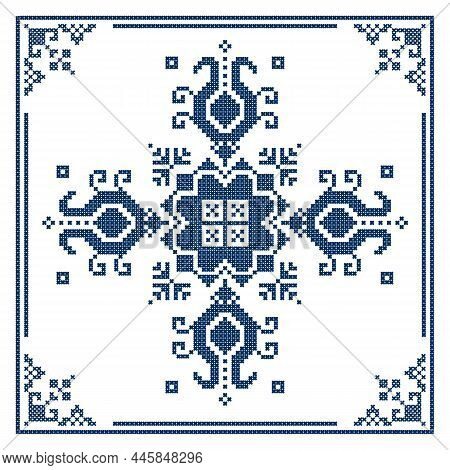 Zmijanje Retro Embroidery Style Vector Design In Square Border Wtih Flowers  - Traditional Folk Art 