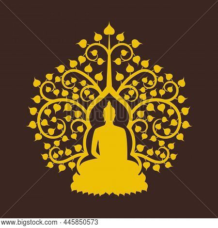 Yellow Gold Silhouette The Lord Buddha Meditation Under Bodhi Tree With Leaf On Dark Brown Backgroun