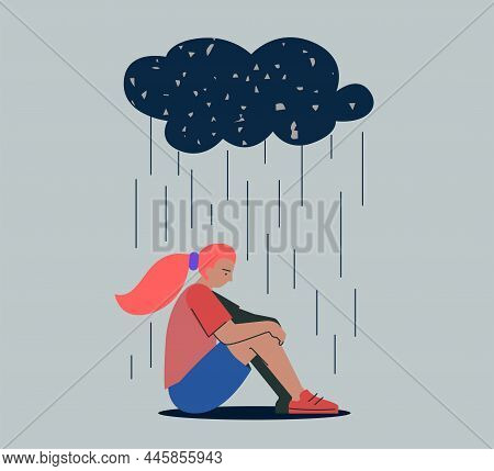 Unhappy Depressed Sad Girl In Stress With Negative Emotion Problem Sitting Under Rain Cloud. Lonelin