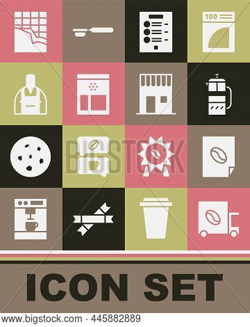 Set Coffee Street Truck Machine, Poster, French Press, Menu, Bag Coffee Beans, Barista, Chocolate Ba