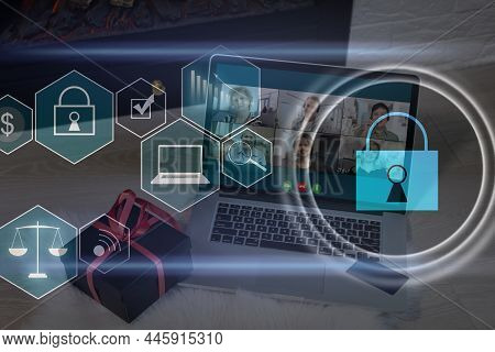 Digital Cybersecurity And Network Protection Concept. Virtual Locking Mechanism To Access Shared Res