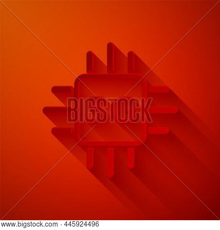 Paper Cut Computer Processor 5g With Microcircuits Cpu Icon Isolated On Red Background. Chip Or Cpu 