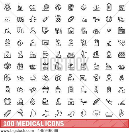 100 Medical Icons Set. Outline Illustration Of 100 Medical Icons Vector Set Isolated On White Backgr