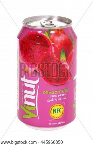 Novyy Urengoy, Russia - January 7, 2022: Aluminium Can Of The Vinut Dragon Fruit Juice Drink Isolate