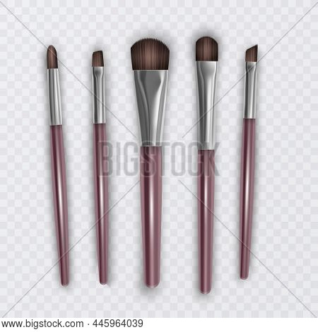Makeup Brush Mockups Of Beauty Cosmetics 3D Design. Blush For Eyeshadow And Contour, Eyebrow Comb, F