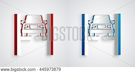 Paper Cut Repair Car On Lift Icon Isolated On Grey Background. Repair Of The Underbody, Suspension, 