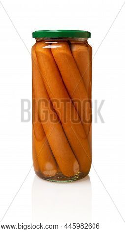 Frankfurters In Glass Jar Isolated On A White Background. Long Sausages For Bbq. Traditional Boiled 