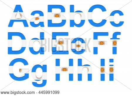 Letters With Argentinean Flag. A, B, C, D, E, F, G, H, I Uppercase And Lowercase Letters. 3d Renderi