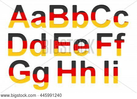 Letters With German Flag. A, B, C, D, E, F, G, H, I Uppercase And Lowercase Letters. 3d Rendering Is