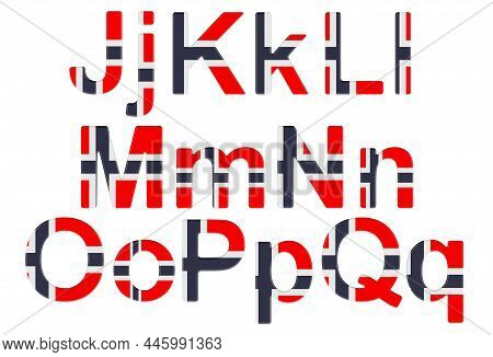 Letters With Norwegian Flag. J, K, L, M, N, O, P Uppercase And Lowercase Letters. 3d Rendering Isola