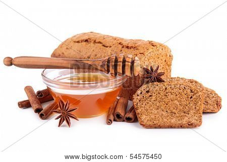 gingerbread cake and honey isolated
