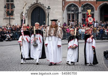 BRUGES, BELGIUM - MAY 17: Annual Procession of the Holy Blood on Ascension Day. Locals perform an historical reenactment and dramatizations of Biblical events. May 17, 2012 in Bruges (Brugge), Belgium