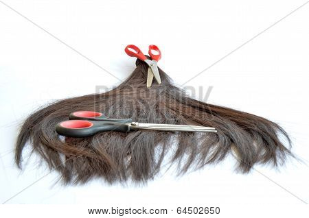 Pieces Of Hair Cut With Two Red Scissors