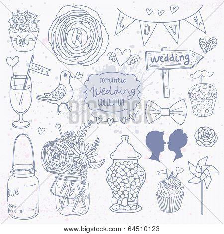 Romantic vector set in blue colors. A lot of vector elements: tablet, jar, bouquet, bow, cupcake, ring, candy and others
