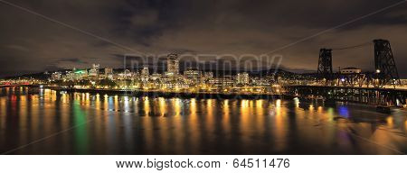 Portland City Skyline With Bridges At Night