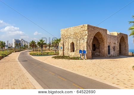 Bicycle path on promenade along Mediterranean sea coast with palms and ancient tomb of unknown shah in Ashkelon, Israel.