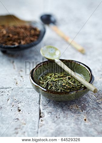 Sencha Green Tea on a Ceramic Plate