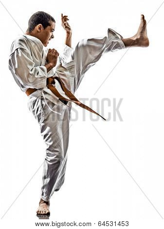 one karate kata training  teenagers kid  isolated on white background
