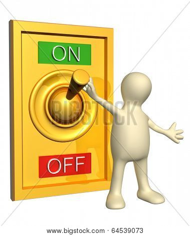 Puppet, turned lever on position on. Isolated on white bsckground