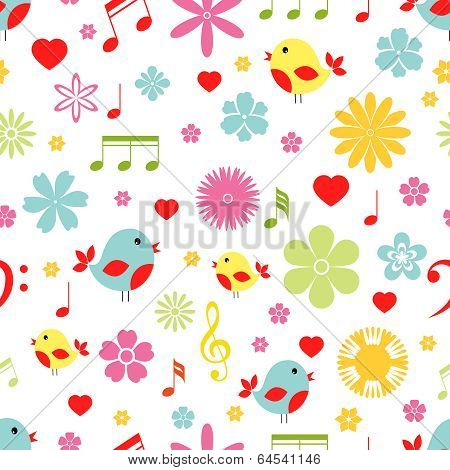 Flowers  birds and music notes seamless pattern