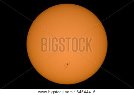 Real picture of the sun with a big sunspot group. Made with telescope with focal length 2000mm, 2x teleconverter, and a special glass filter for the sun.