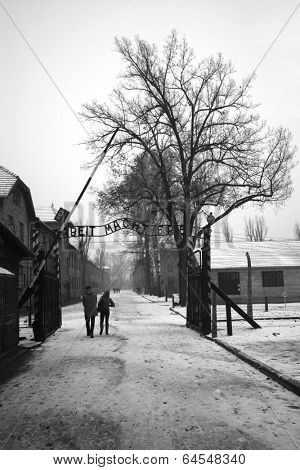 Arbeit Mach Frei (Work liberates) sing at german WWII prisoner camp Aushwitz, Poland