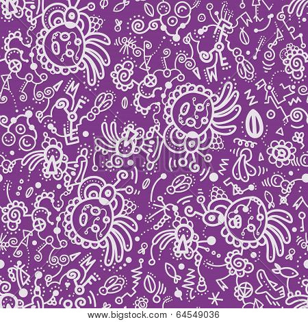 Funny doodle seamless pattern on lilac background.