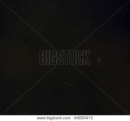 Hi-res picture of real night sky / stars. This is wide field image with many constellations and Messier objects like open cluster Plejades M45.