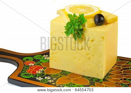 Big Piece Of Cheese, Lemon And Olives On A White Background.