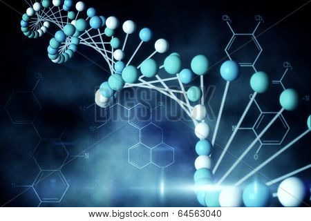 Digitally generated blue DNA strand with chemical structures