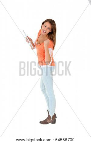 Cheeerful girl showing digital tablet screen