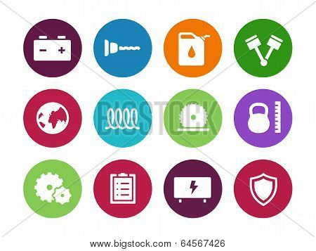 Tools circle icons on white background.