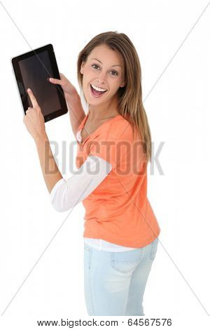 Cheeerful girl showing digital tablet screen