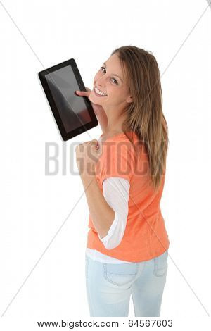 Cheeerful girl showing digital tablet screen