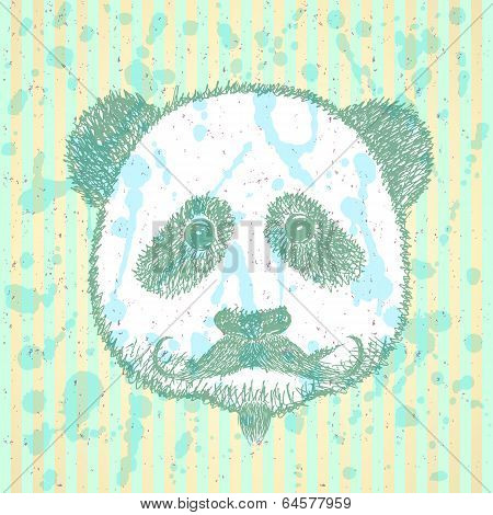 Sketch Panda With Mustache, Vector Background