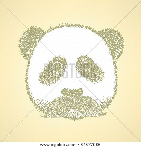 Sketch Panda With Mustache, Vector Background