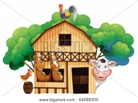 Illustration of a farmhouse with animals on a white background