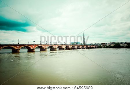Bordeaux river bridge with St Michel cathedral 