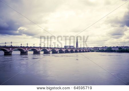 Bordeaux river bridge with St Michel cathedral 