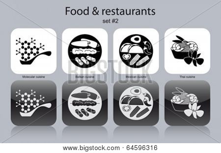 Restaurant icons. Set of editable vector monochrome illustrations.