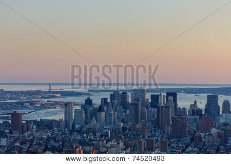 Blue Hour Over Downtown Manhattan And Verrazano Bridge, Nyc
