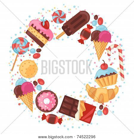 Background with colorful various candy, sweets and cakes.