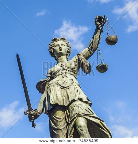 Justitia (lady Justice) Sculpture On The Roemerberg Square In Frankfurt