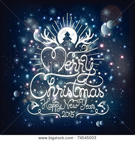 Merry Christmas And Happy New Year, Hand Drawn Vintage Typographical Background