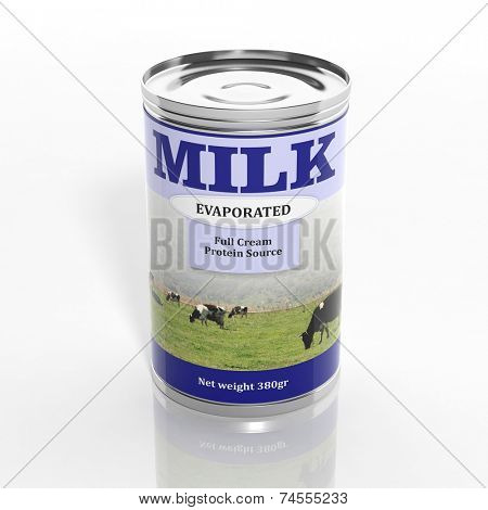 3D evaporated milk metallic can isolated on white