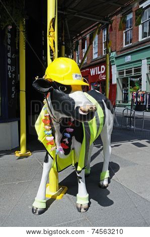 Cow statue in safety gear, Nottingham.
